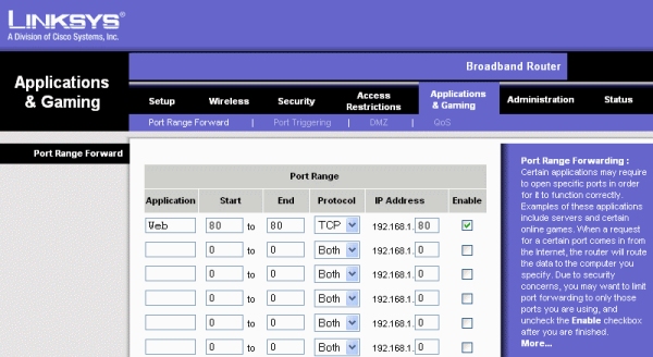 Linksys router set up for port forwarding.